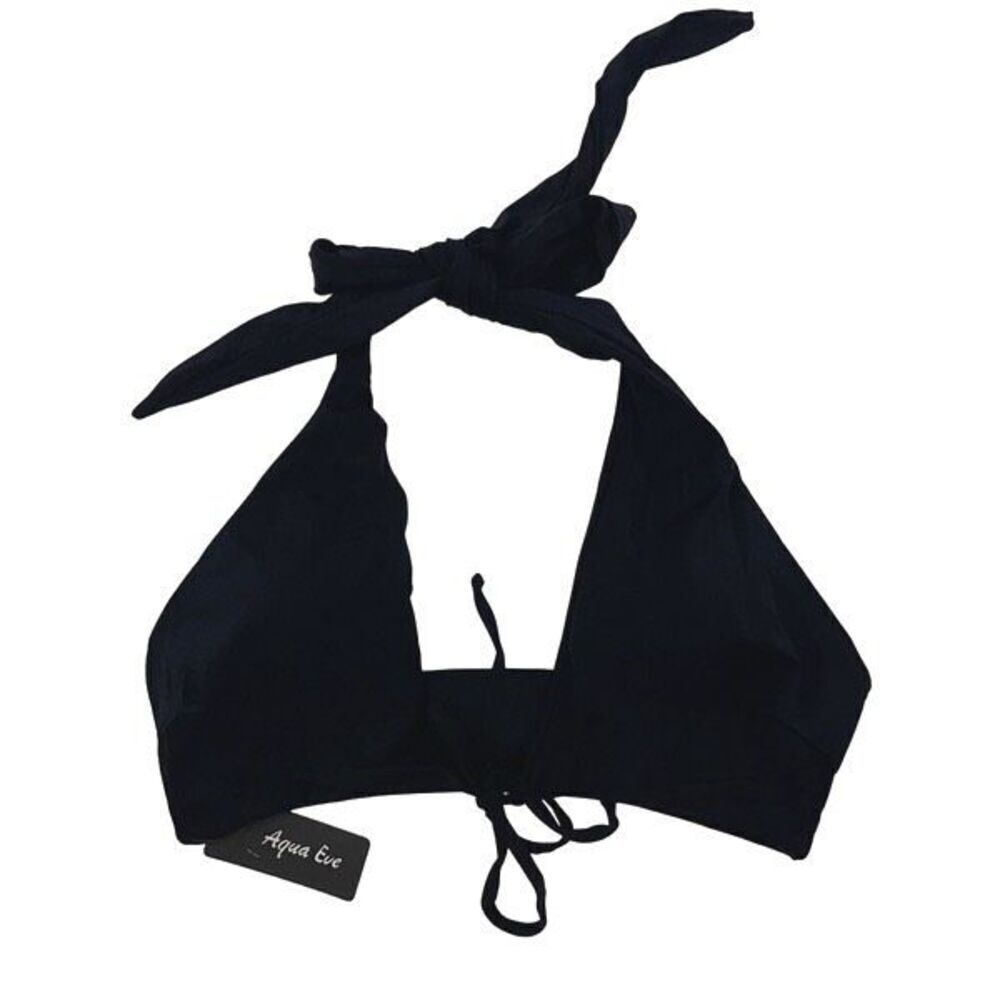 Aqua Eve Womens Tie-Front Halter Bikini Swimwear Top Black Large NWT
